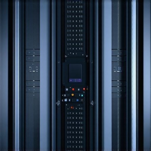 High-tech data center showcasing NVMe SSDs and quantum encryption hardware