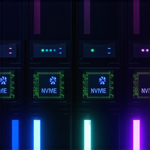 High-performance NVMe SSD RAID array with server racks and glowing lights
