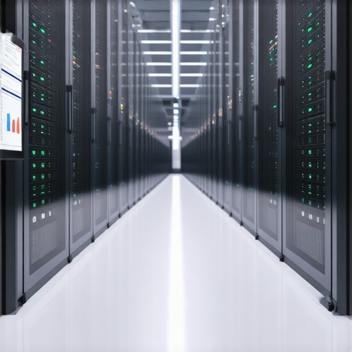 Futuristic data center featuring NVMe SSDs and AI monitoring systems