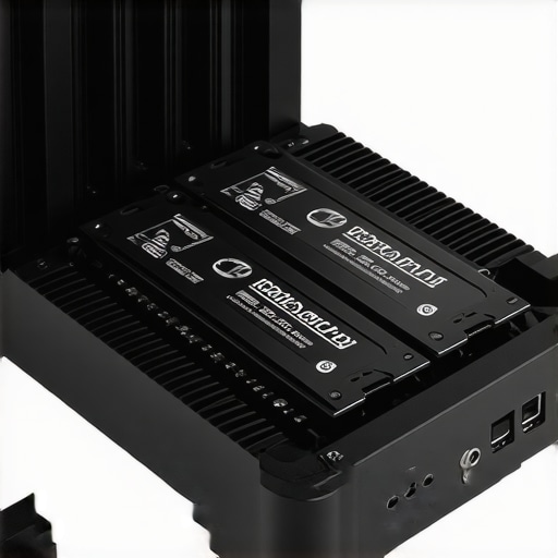 External SSDs in cooling enclosure with RAID configuration, highlighting advanced thermal management and PCIe 5.0 interface.