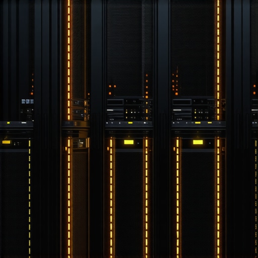 A sophisticated RAID storage system with multiple drives illuminated in a modern data center environment.
