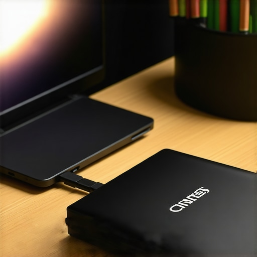 Modern external SSDs connected to a laptop via Thunderbolt with workspace background.