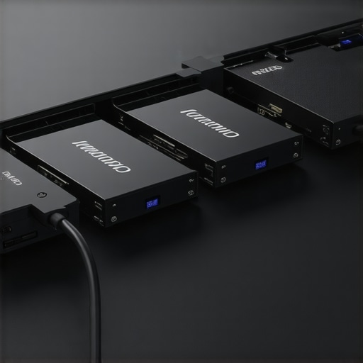 External SSDs connected to a workstations demonstrating high data transfer rates.