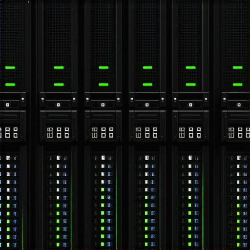 A futuristic data center rack with NVMe SSDs, cooling systems, and network interfaces, representing advanced RAID storage solutions.
