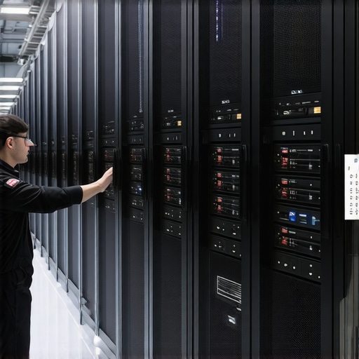 Technicians working on RAID storage servers with NVMe and SATA SSDs in a data center.