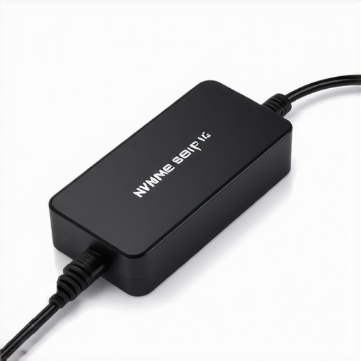 Futuristic external NVMe SSD with active cooling connected via Thunderbolt 5 port