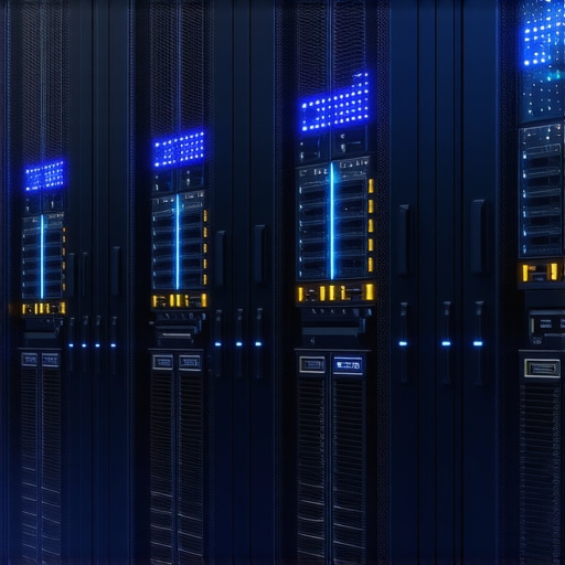 Futuristic data center with advanced SSDs and RAID systems.