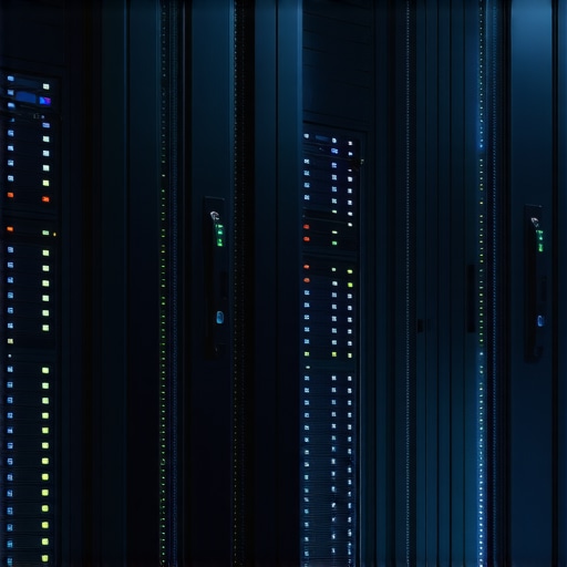A futuristic data center with efficient cooling and blinking server lights