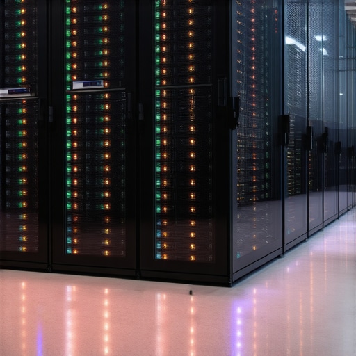 Futuristic data center with cooling infrastructure and illuminated servers