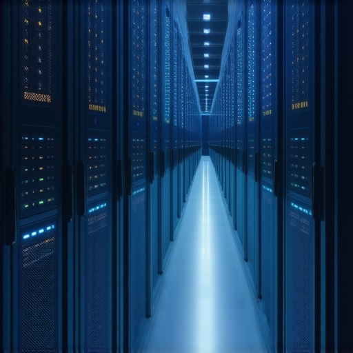 Futuristic data center with optical interconnects and quantum storage modules.