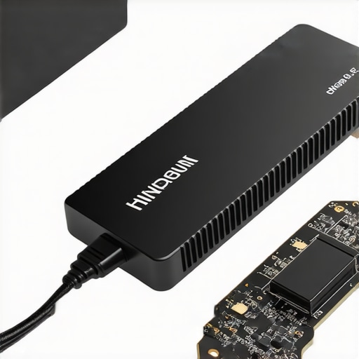 External NVMe SSDs connected through Thunderbolt 5 with cooling systems in a professional workspace