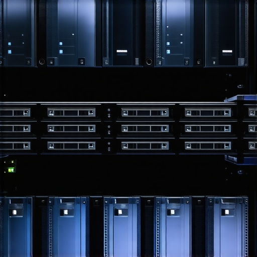 Interior view of a high-tech data center showcasing NVMe SSDs, RAID controllers, and cooling systems in a professional environment