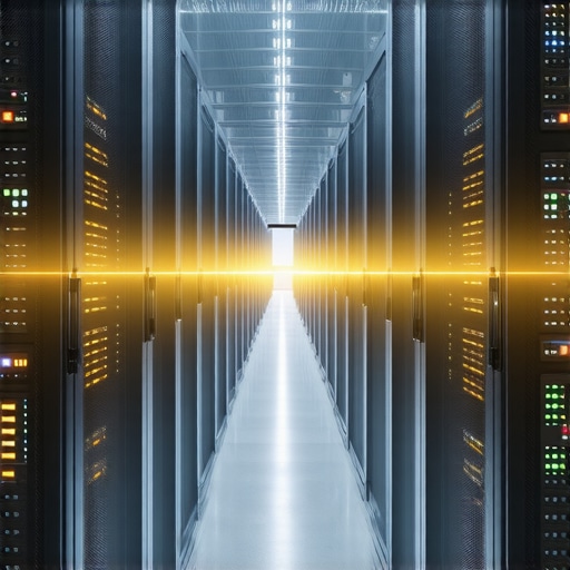 Futuristic data center with cooling systems and AI monitoring