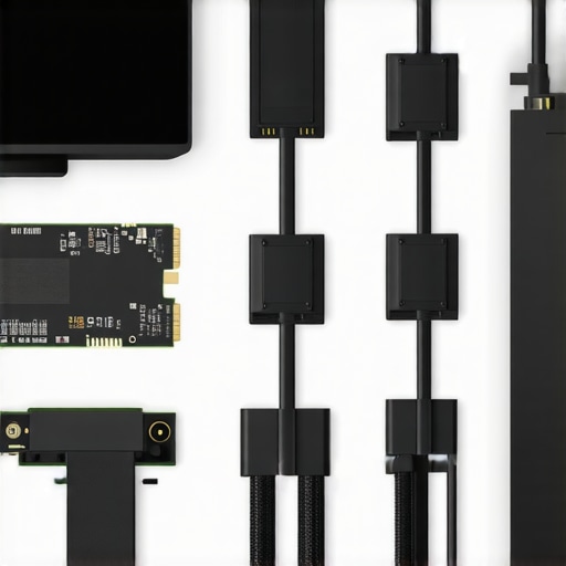A high-end workstation setup demonstrating external NVMe SSDs connected through Thunderbolt 5 cables, highlighting system readiness for maximum data transfer speeds.