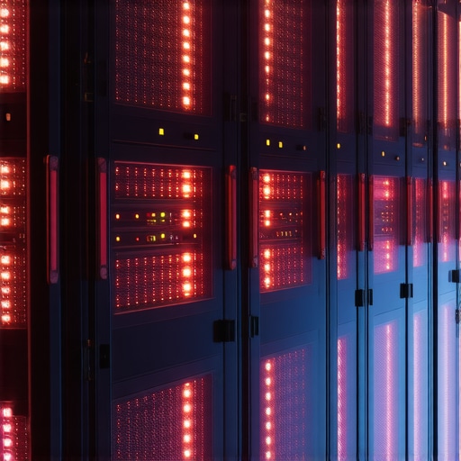 Futuristic data center with glowing servers and network lines