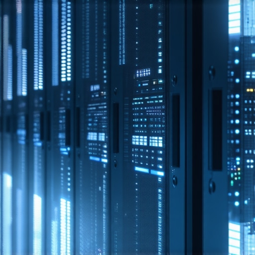 Illustration of a high-tech futuristic data center with interconnected servers and dynamic data flow