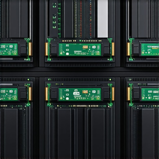 Futuristic data center showcasing SATA and NVMe SSDs interconnected in a resilient storage network