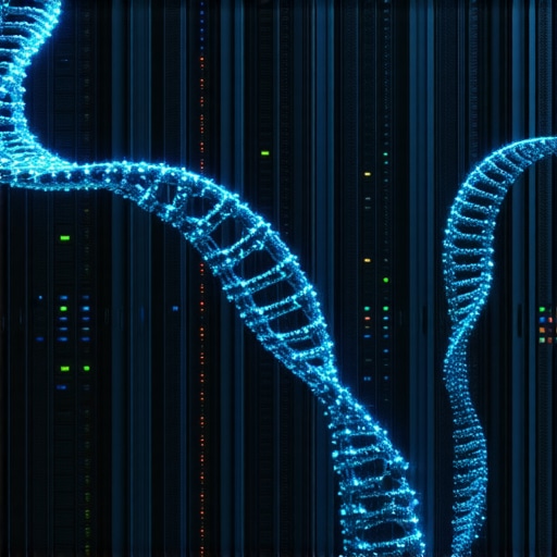 Conceptual image of DNA strands and quantum storage devices in a sleek data center environment.