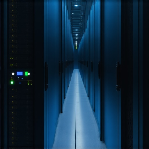 Futuristic data center showcasing AI-managed storage arrays with cooling technology