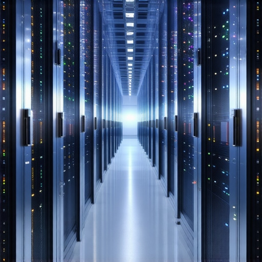 Futuristic high-performance data center with cooling systems and dense NVMe SSD storage modules