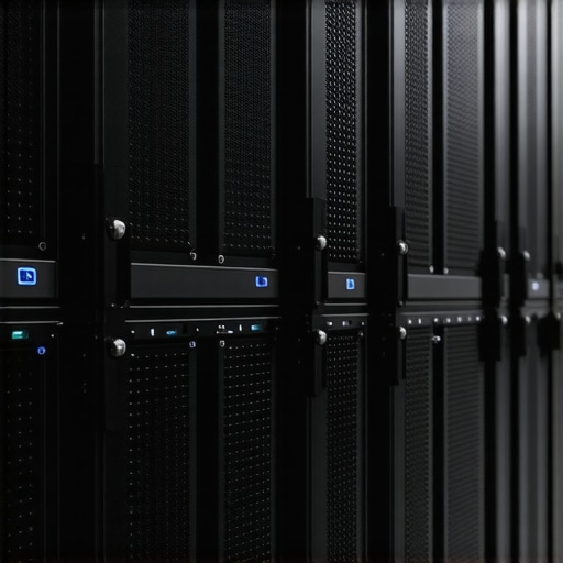 A futuristic data center showcasing high-performance NVMe SSD storage racks with cooling infrastructure