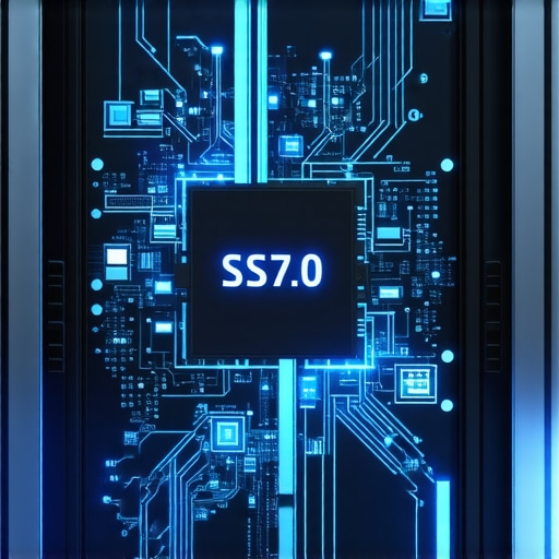 Futuristic data center showcasing PCIe 7.0 SSDs and AI-integrated storage systems.