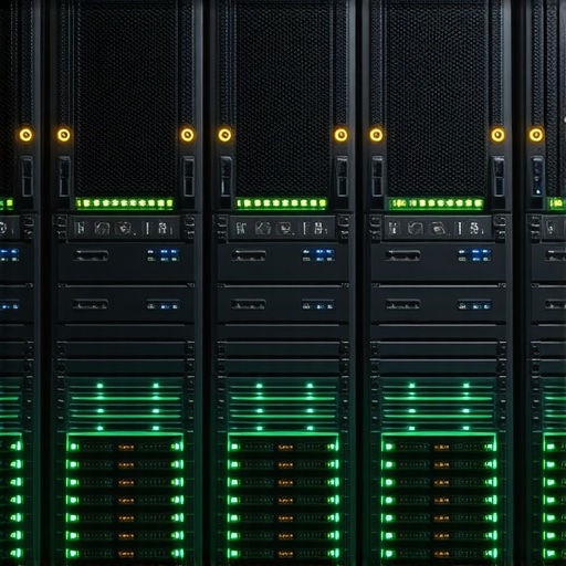 A modern data center featuring NVMe SSD arrays interconnected through high-speed NVMe-over-Fabrics and sophisticated cooling solutions.