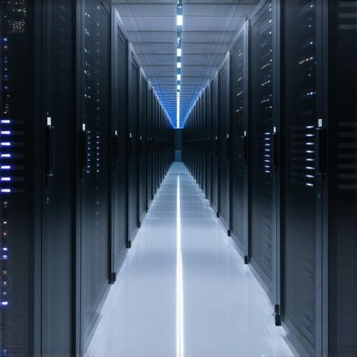 A futuristic data center showcasing RAID arrays and thermal management systems