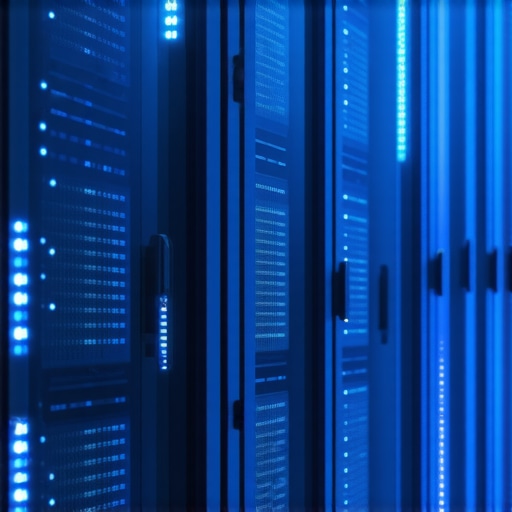 A high-tech data center illustrating quantum servers connected across multiple regions