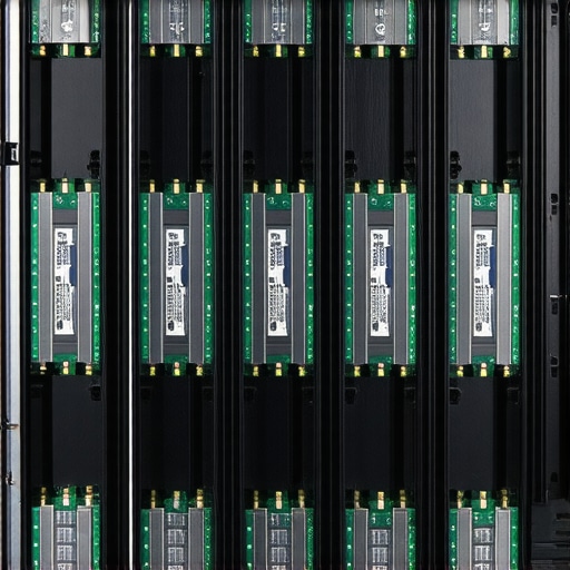 An image showcasing an array of NVMe SSDs with liquid cooling system to prevent overheating.